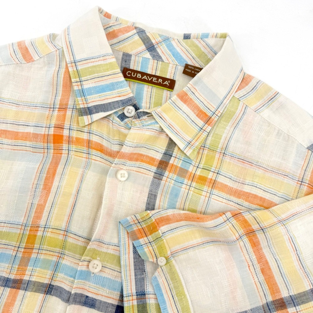 Cubavera Plaid 100% Linen Shirt Men XL Multicolor Short Sleeve Button Down Beach